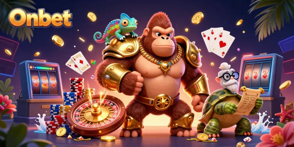 Join the fun at Onbet with a vibrant 3D illustration showcasing a gorilla in armor, gems, and casino action.