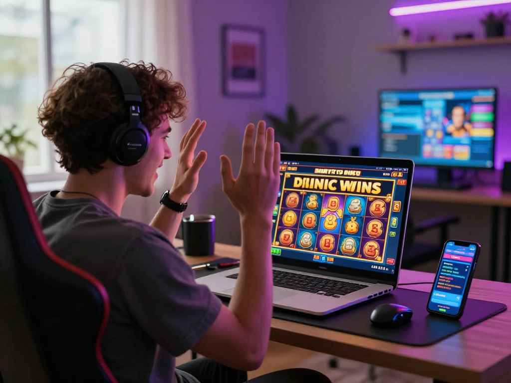 Experience online gambling excitement with MPOCASH as players celebrate wins in a vibrant digital casino atmosphere.