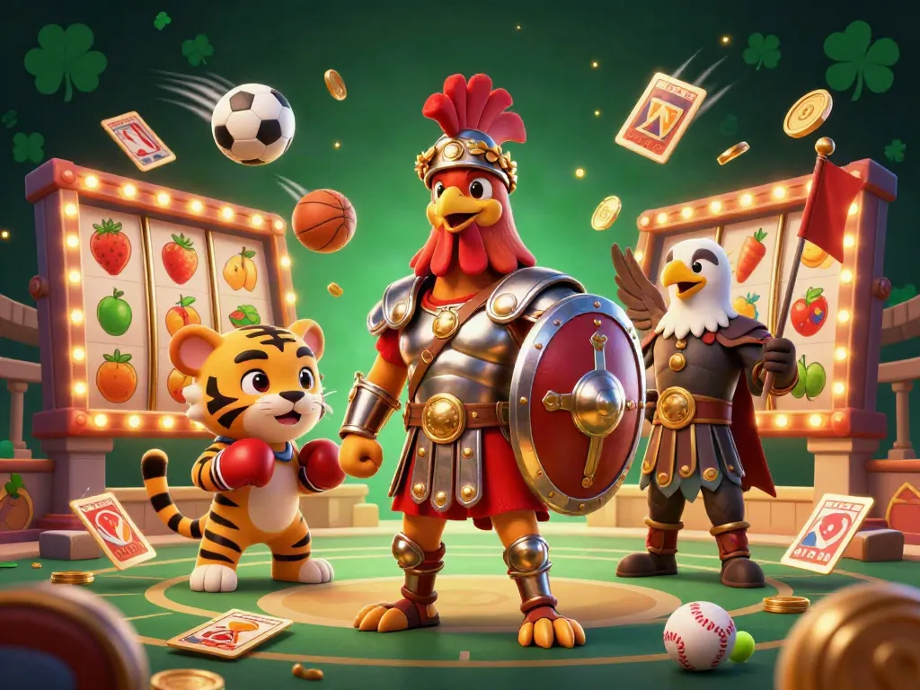 Slot mesin berkilau dengan ayam jantan bertopeng sebagai karakter utama, dikelilingi elemen taruhan, dan simbol keberuntungan.