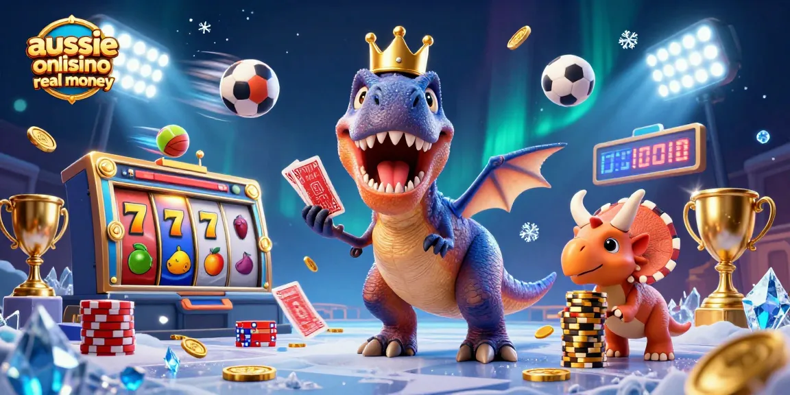 Engage in fun with a 3D T-Rex counting cards and golden chips at an aussie online casino real money scene.