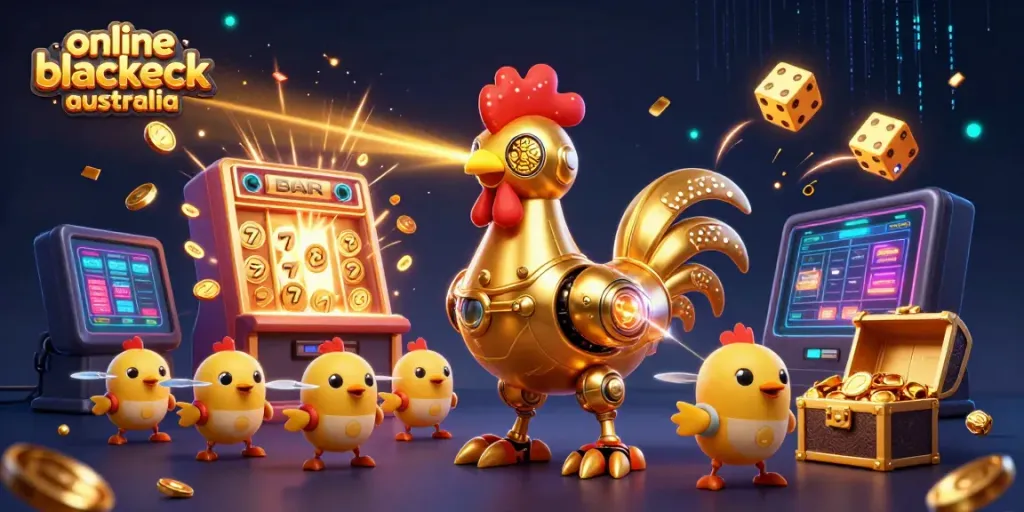 Experience online blackjack Australia with vibrant 3D cartoon characters amidst dynamic casino elements.