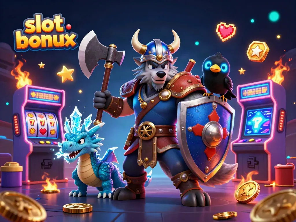 Experience thrilling gameplay and explore slot bonuses with our cartoon Viking warrior, dragon, and raven.