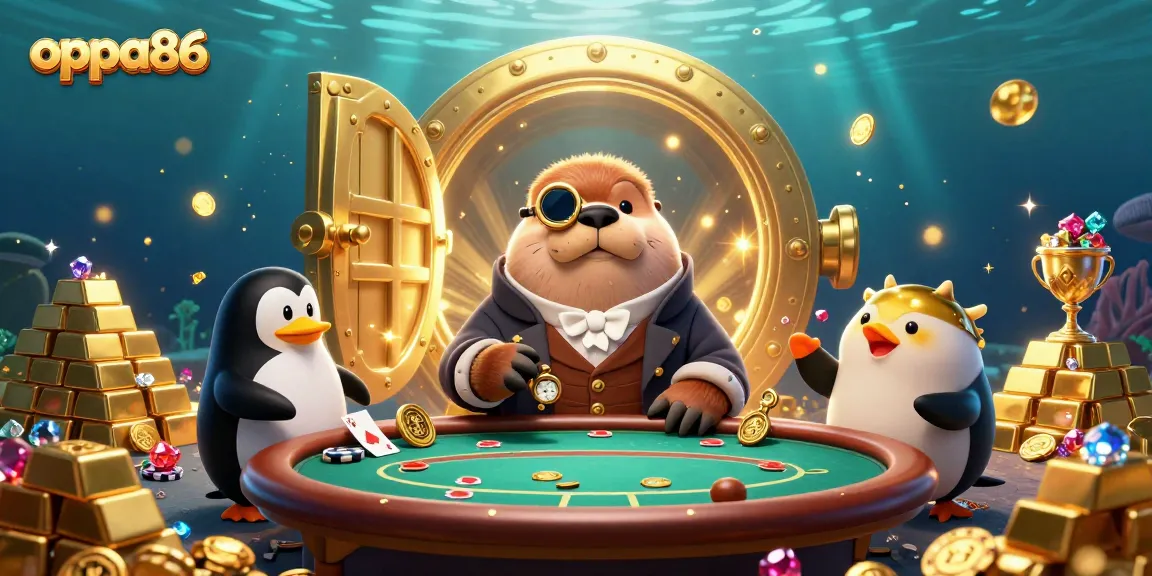 Engage in exhilarating poker rounds with oppa86's jolly walrus, sophisticated dealer, and bluffing pufferfish.