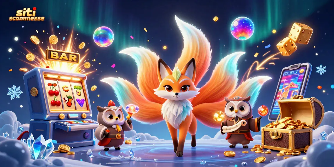 Gioca sui siti scommesse con questa illustrazione animata di un folletto e un gufo tra simboli e fortunati jackpot