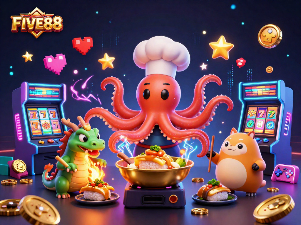 Experience thrilling gaming at FIVE88 with vibrant characters and exciting casino elements.