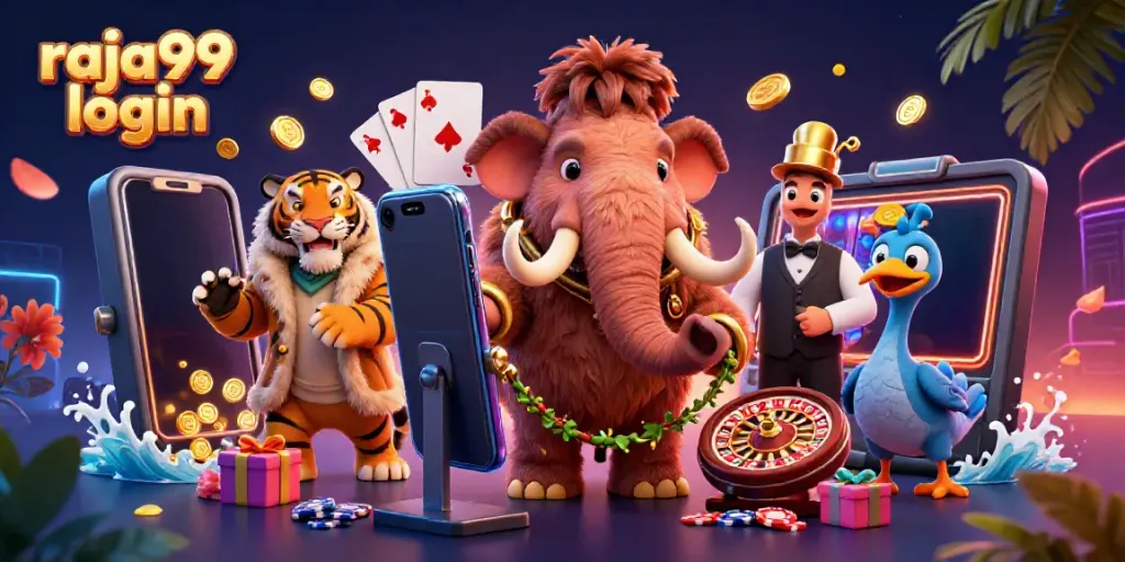 Engage in thrilling raja99 login at a dynamic casino scene with playful characters and vibrant games.
