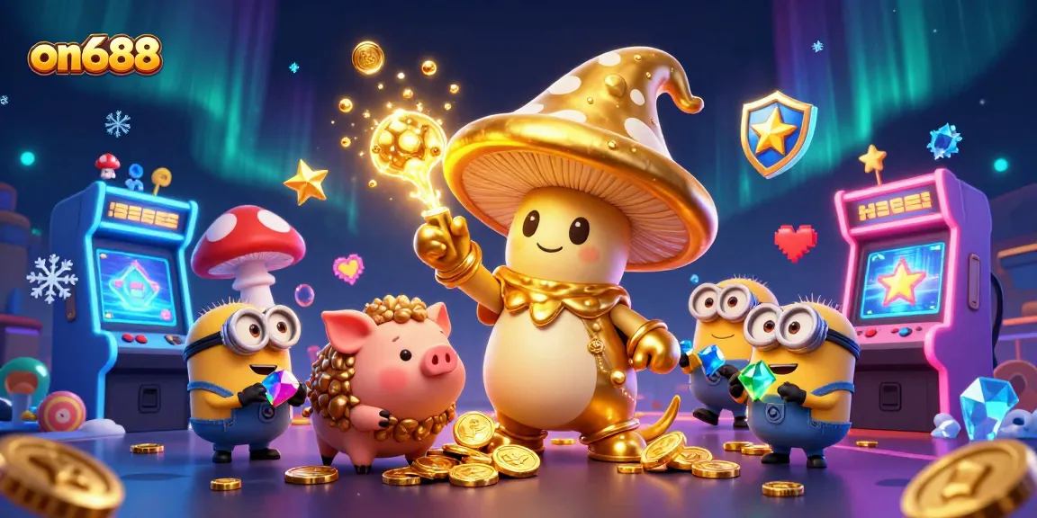 Experience the magic of on688 with a golden wizard and treasure-hunting pig in colorful 3D casino art.