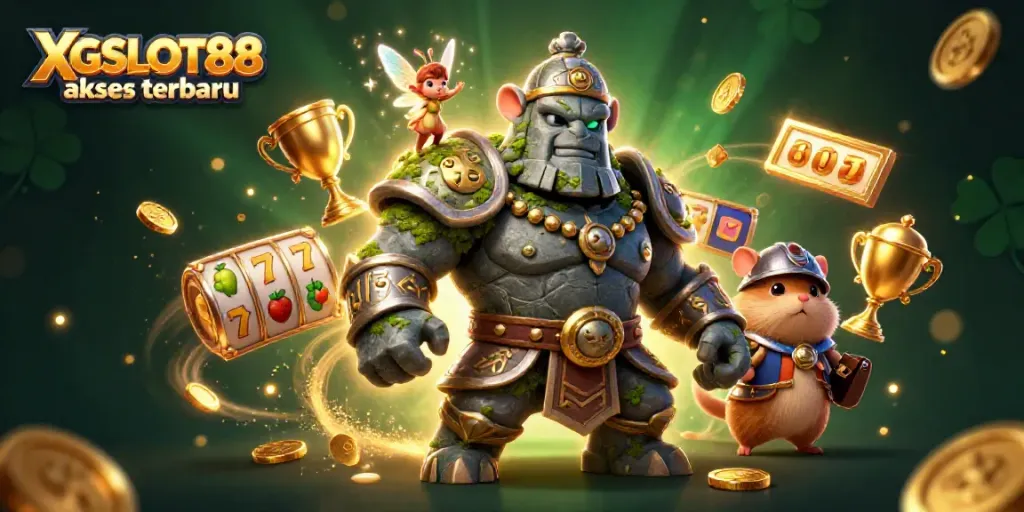 Gambarkan aksi permainan slot di XGSLOT88 akses terbaru dengan golem, peri, dan ksatria hamster.