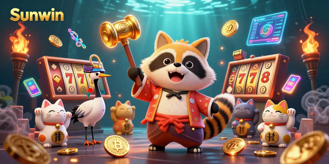 Join the excitement at Sunwin with a cheerful tanuki and lucky symbols under shimmering lights.