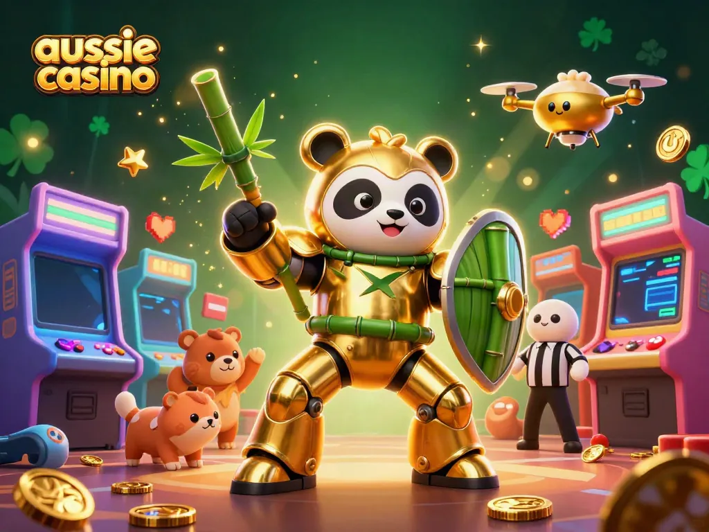 Aussie casino gaming scene featuring a mech-suit panda and colorful arcade machines in a vibrant arena.