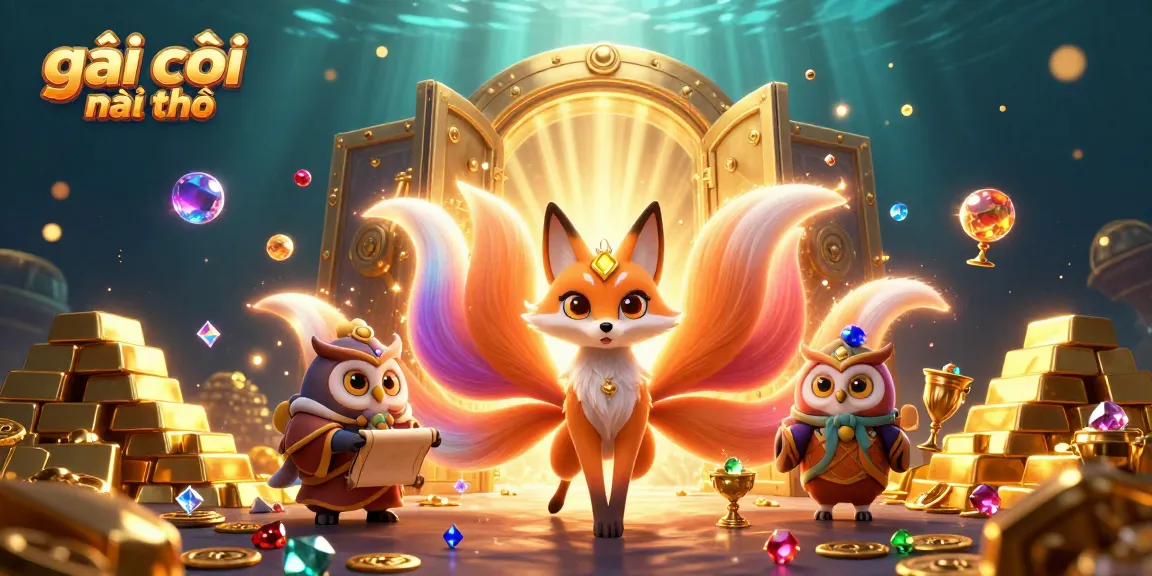Experience the vibrant and fantastical scene of gái gọi cần thơ with glowing fox spirits and treasures.