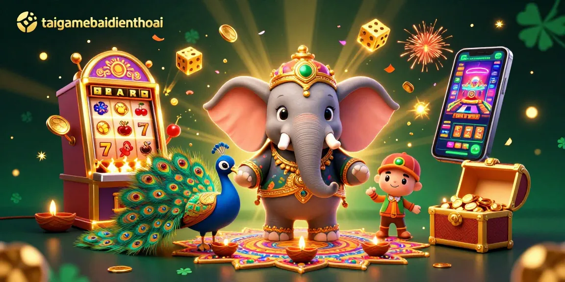 Engage with taigamebaidienthoai's colorful 3D casino scene featuring an elephant, peacock, and vibrant slot machine.