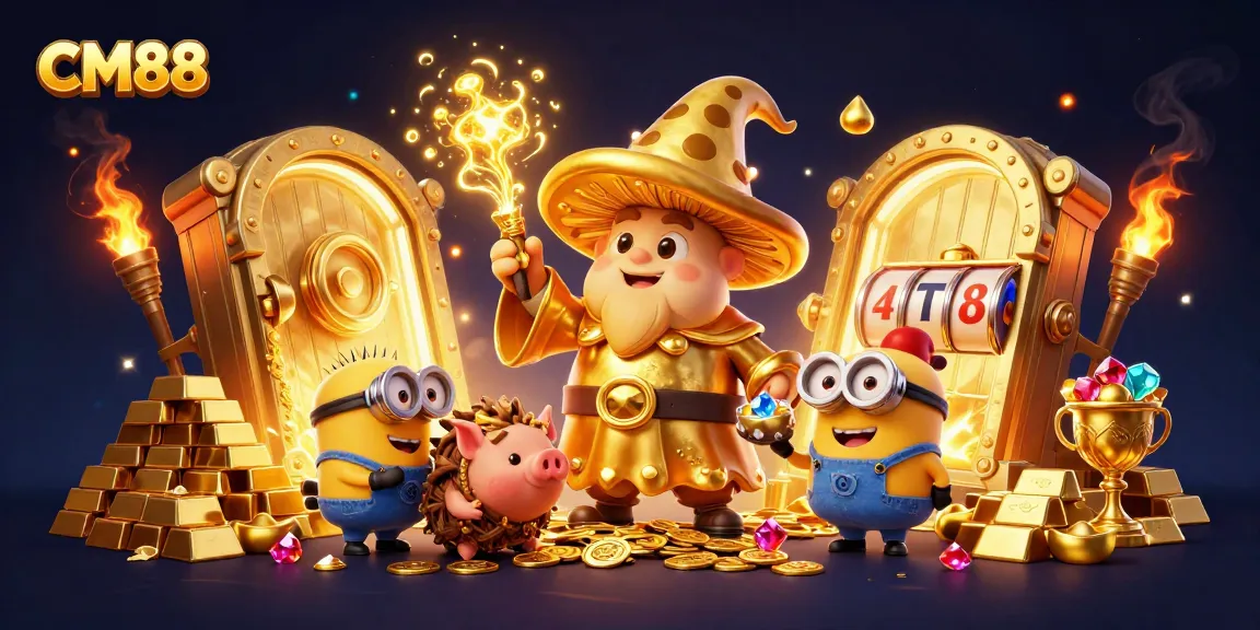 Experience the magic of CM88 with a golden mushroom wizard and treasures in a captivating casino scene.