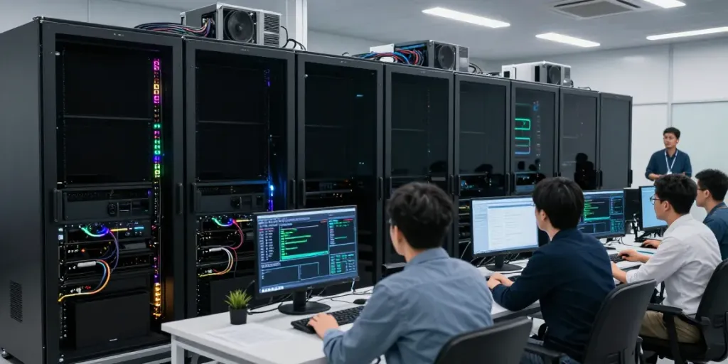 AI infrastructure with GPU computing servers and technicians monitoring performance metrics in a sleek data center