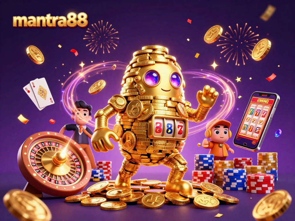 Win big with mantra88, showcasing a thrilling online gambling experience with golden golem, coins, and exciting game elements.