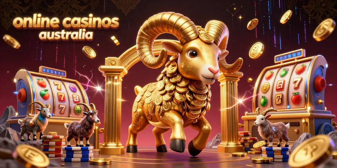 Experience thrilling action at online casinos australia with a golden ram charging through vibrant slot reels and coins.