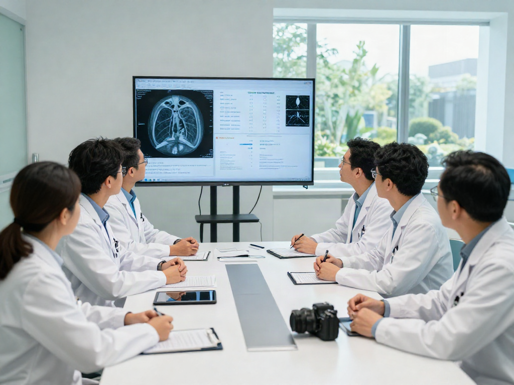 Lung cancer hospital in Abu Dhabi with oncologists collaborating on patient treatment plans in a modern medical facility.