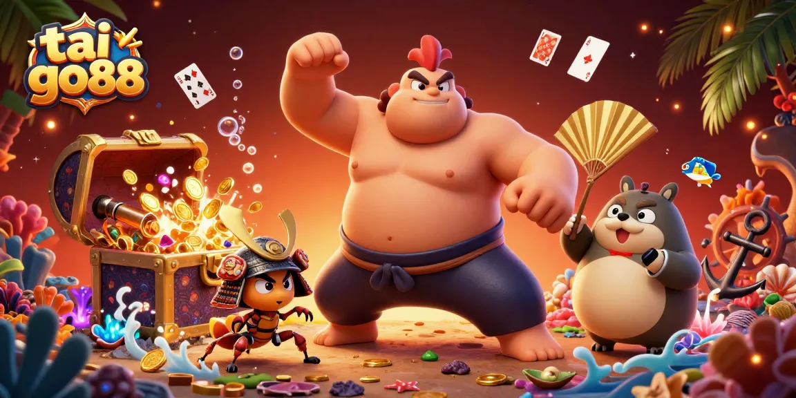 Engage with tai go88 as a sumo wrestler rooster and cricket fight in a vibrant casino scene.