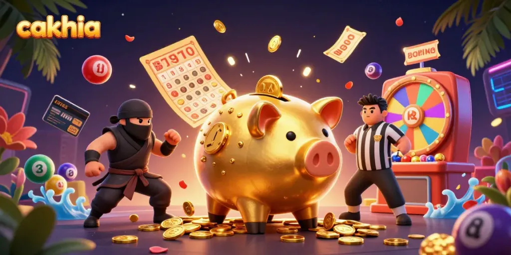 Cakhia showcases a vibrant 3D scene with a golden piggy bank sumo wrestler surrounded by colorful lottery elements and dynamic effects.