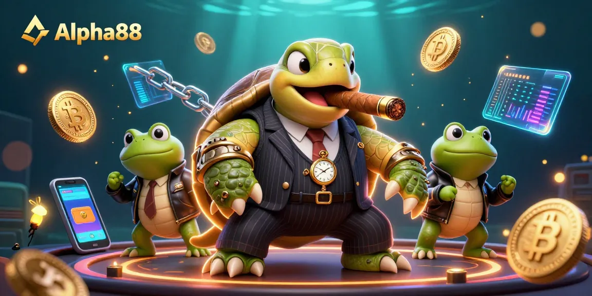 Alpha88's 3D cartoon scene featuring a turtle mobster and bullfrog enforcers amidst casino-themed elements.