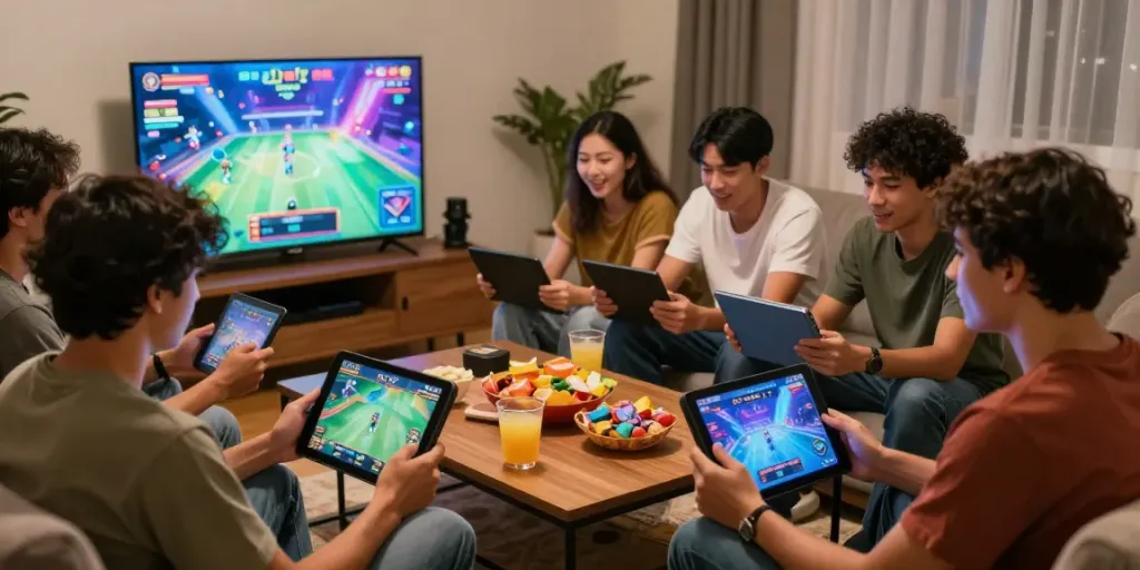 Friends enjoying PG SLOT games together in a cozy living room setting.