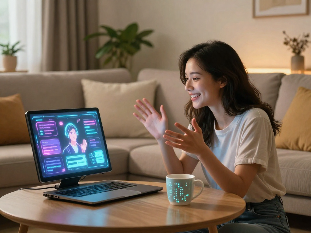 Interaction between a woman and her AI gf in a cozy living room.