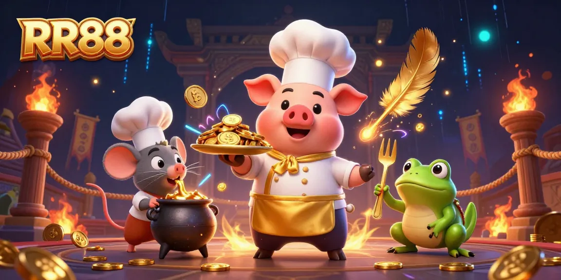 RR88 features a pig chef serving gold coins in a vibrant casino scene, enhancing player excitement.