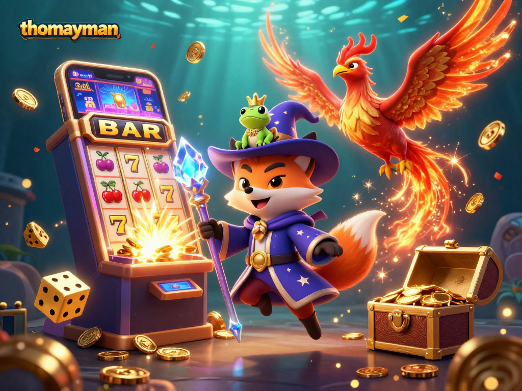 Experience vibrant excitement with thomayman, featuring a majestic fox wizard, phoenix, and treasure-filled slots.