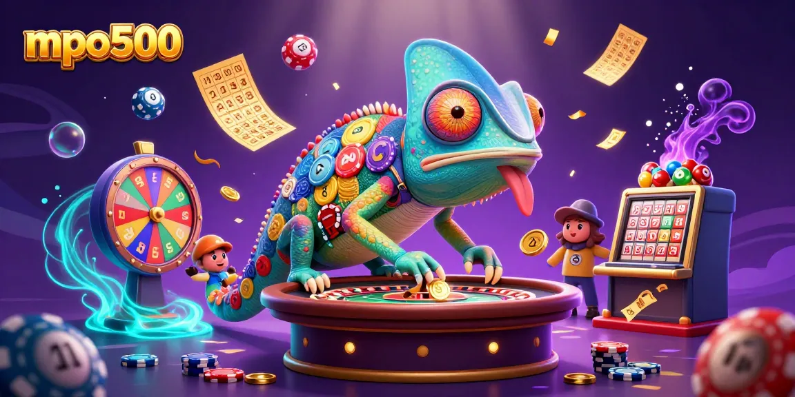 MPO500 engages players with a vibrant 3D scene featuring a chameleon casino owner amidst arcade excitement.