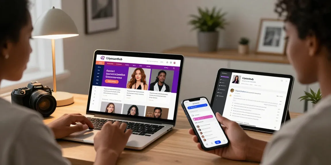 Engaging Cityescorthub interface with diverse users exploring escort profiles on multiple devices in a cozy environment.