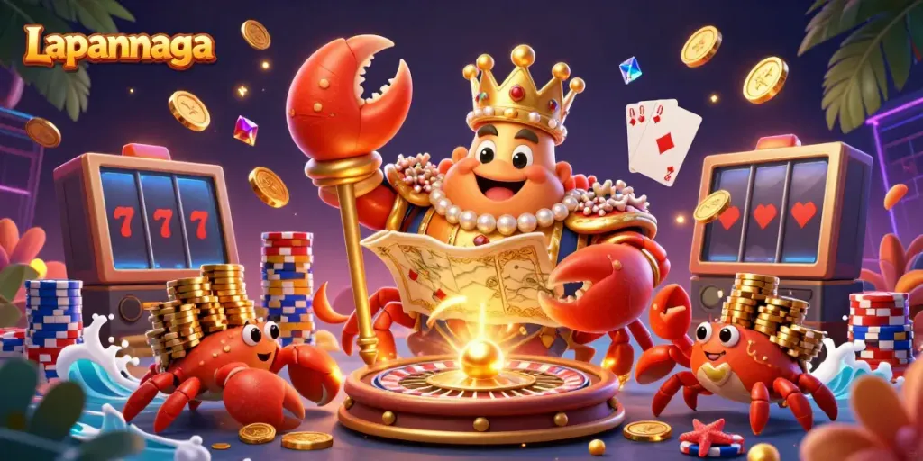 Lapannaga showcases a vibrant 3D cartoon casino scene with a golden crab emperor, roulette, and sparkling coins.