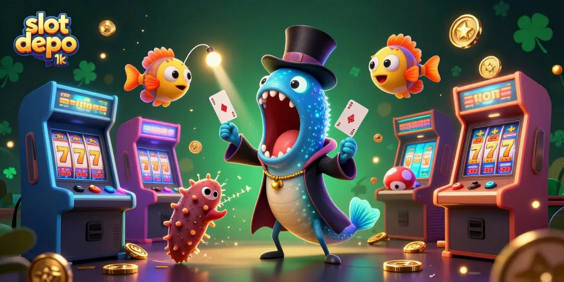 Experience the thrill of slot depo 1k with vibrant characters and games in a vivid 3D casino scene.