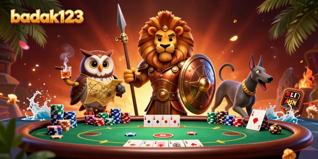 Badak123 menampilkan singa Spartan berlapis perunggu dalam aksi penuh semangat di meja poker.