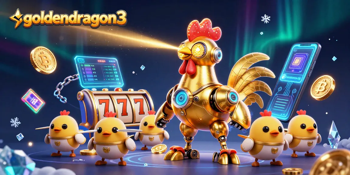 Engage in thrilling gameplay with goldendragon3, featuring a futuristic golden rooster robot in an electrifying casino scene.