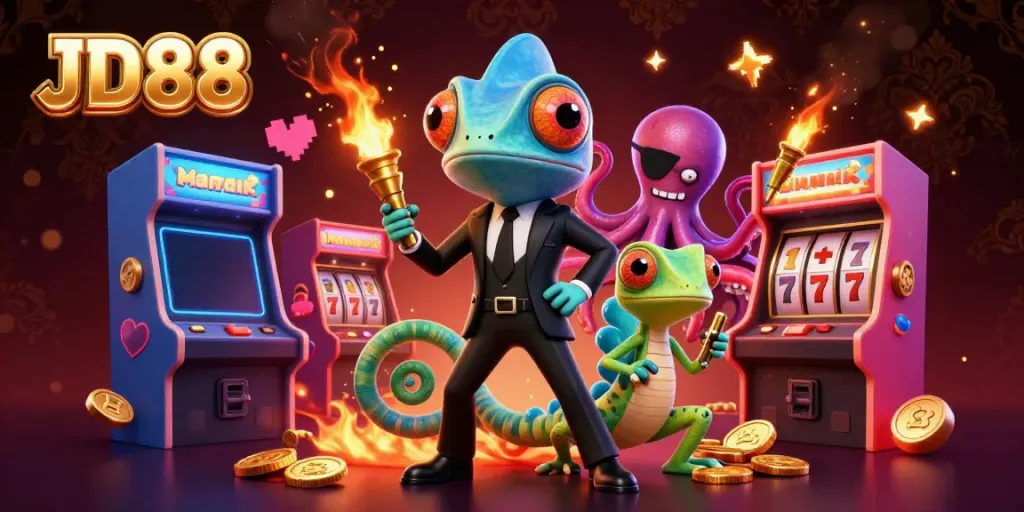 Experience thrilling moments at JD88 with a vibrant gaming scene, featuring a chameleon agent and gaming elements.