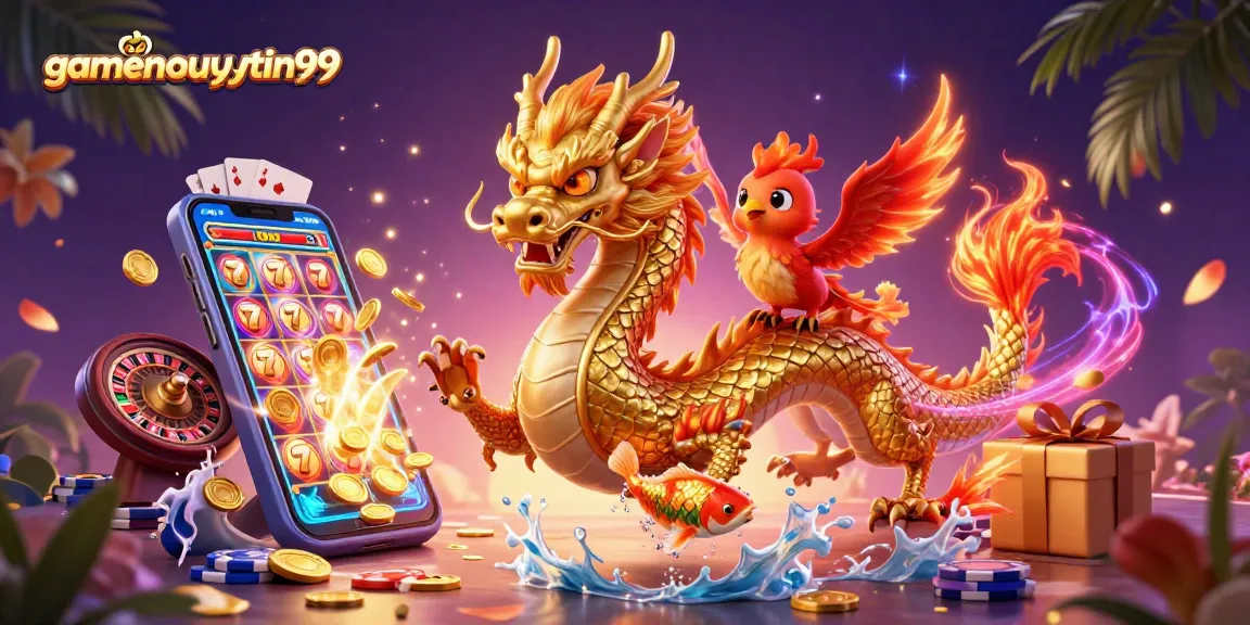 Engage with gamenohuuytin99 through vibrant casino characters and dynamic gaming elements in this 3D illustration.