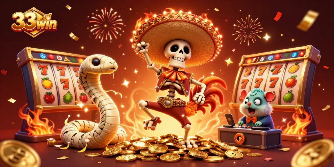 Experience 33win's vibrant casino atmosphere featuring exciting games and festive characters.