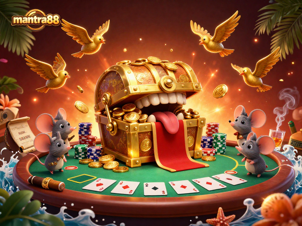 Enhance your gaming experience at mantra88 with immersive casino elements in a lively illustration.