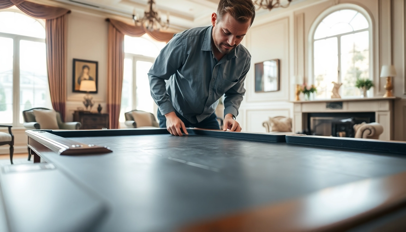 Expert pool table mover disassembling a pool table in a stylish living room with natural light.