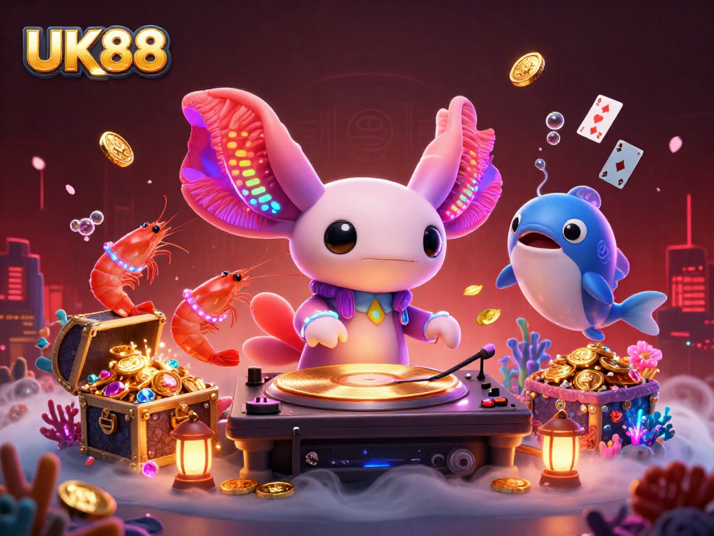 Experience the vibrant atmosphere of UK88's underwater casino featuring an axolotl DJ and dynamic sea creatures.