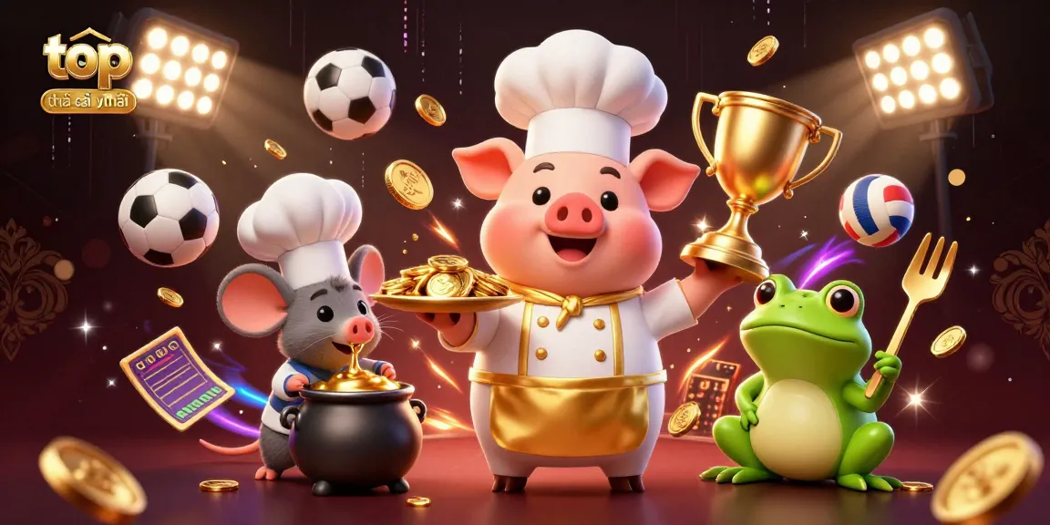Experience the excitement of top nhà cái uy tín with vibrant characters serving gold coins in this dynamic 3D scene.