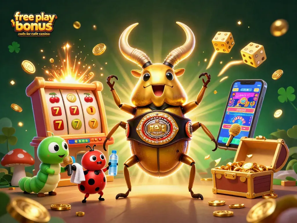 Engage with the free play bonus code for cafe casino depicted in a dynamic casino-themed illustration featuring vibrant characters and game elements.