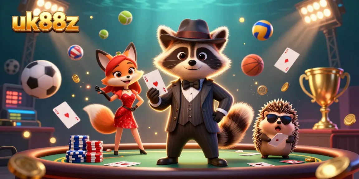 uk88z showcases a dynamic casino scene with a suave raccoon holding a royal flush and vibrant poker elements.