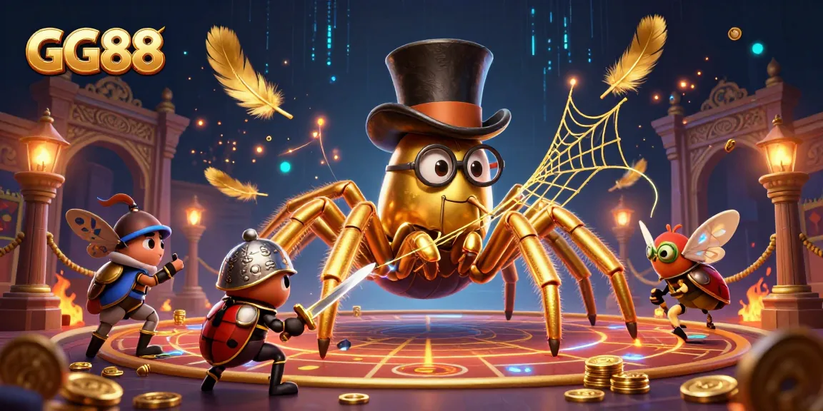 GG88 showcases an engaging 3D scene of a golden tarantula and beetle knight in a casino environment.