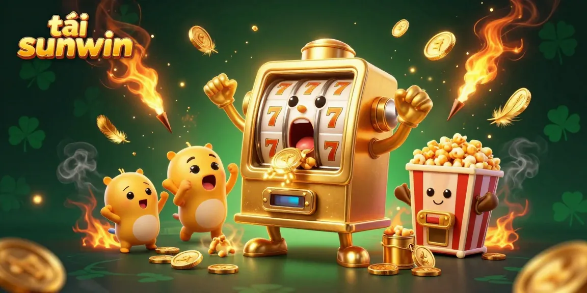 Exciting scene illustrating the tải sunwin slot game with a golden slot machine, coins flying, and energy-filled atmosphere.
