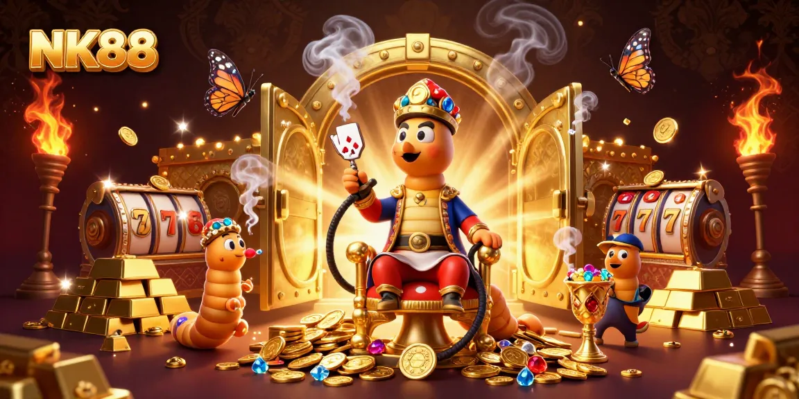 Experience thrilling gameplay with NK88's vibrant casino atmosphere featuring rich golds, slots, and jewels.