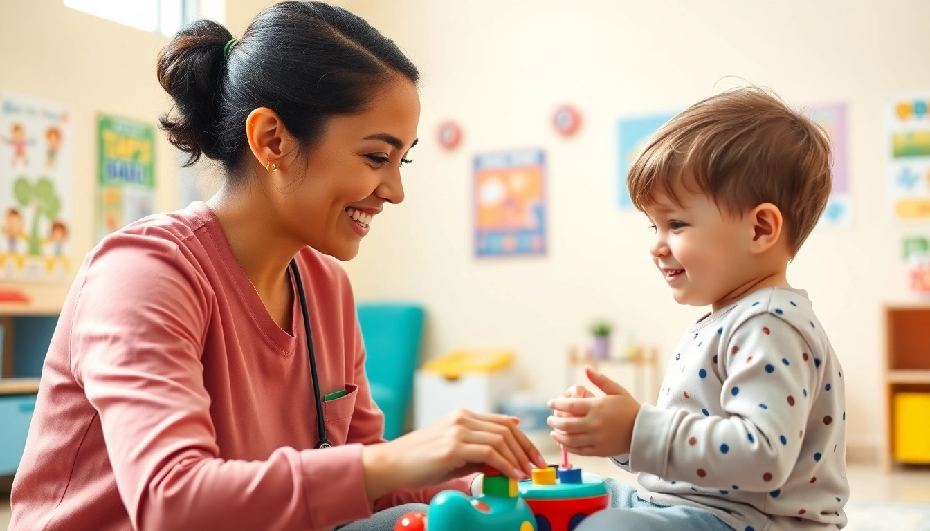 Engaging early intervention ABA session between therapist and child in a vibrant therapy room.