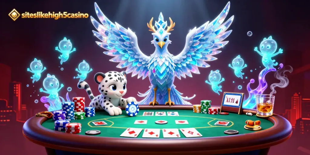 Engage with siteslikehigh5casino in this vibrant casino-themed 3D scene featuring an ice phoenix, poker elements, and dazzling light effects.