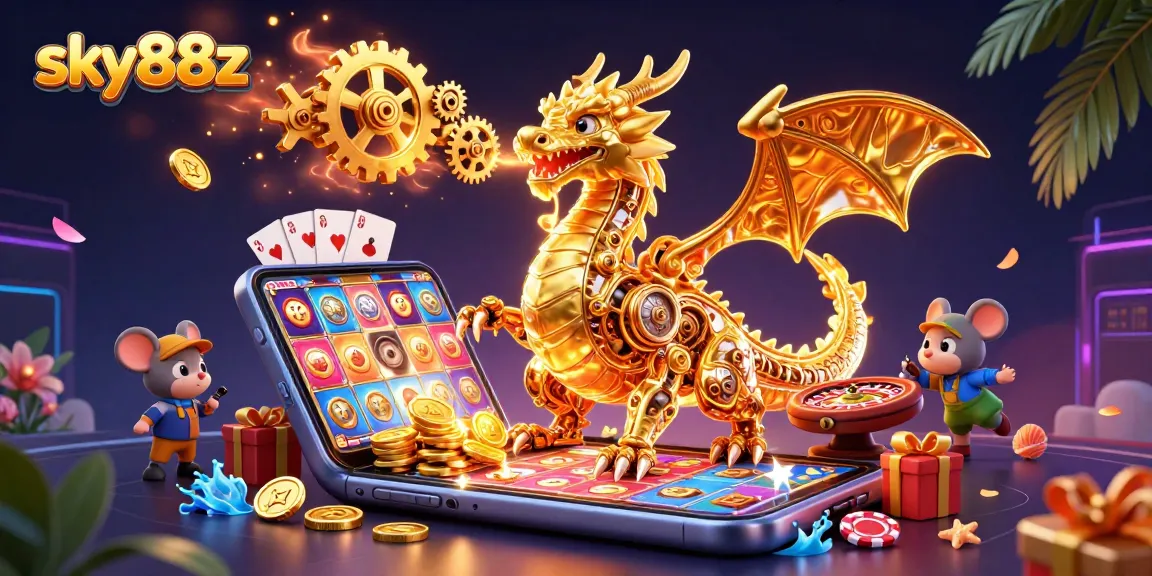 Experience thrilling gameplay with sky88z as vibrant casino elements create a dynamic scene featuring a golden dragon.