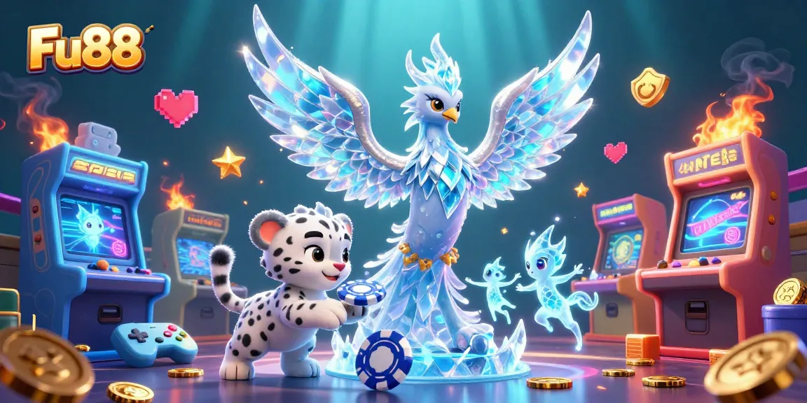 Engage with Fu88's dynamic casino atmosphere featuring a playful ice phoenix and vibrant gaming elements.